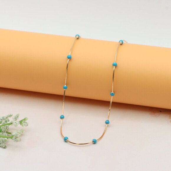 Rose Gold Chain Necklace with Blue Beads Elegant Style, XPNL0256 - Picture 6 of 12